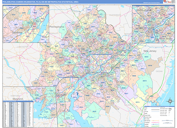 Philadelphia-Camden-Wilmington Metro Area Wall Map Color Cast Style